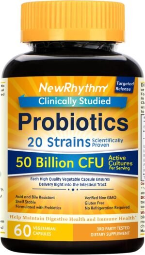 NewRhythm Probiotics 50 Billion CFU 20 Strains, 60 Veggie Capsules, Targeted Release Technology, Stomach Acid Resistant, No Need for Refrigeration, Non-GMO, Gluten Free