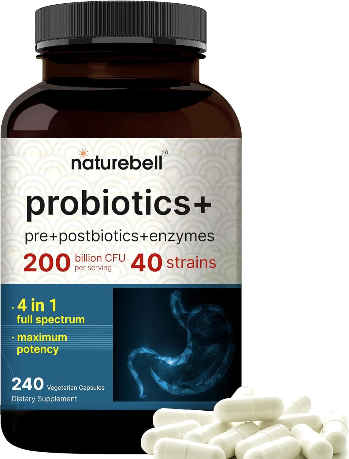 NatureBell Probiotics 200 Billion CFU Per Serving | 240 Veggie Capsules with Synbiotic Blend of Digestive Enzymes, Prebiotics, & Postbiotics – 40 Strains – Full-Spectrum Gut Health & Bloating Support