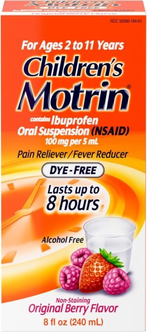 Motrin Children’s Oral Suspension 100mg Ibuprofen Medicine, NSAID Fever Reducer & Pain Reliever for Minor Aches & Pains Due to Cold & Flu, Dye Free, Alcohol-Free, Berry Flavored, 8 fl. oz