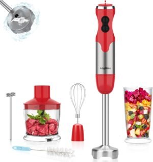 Keylitos 600ml Red Hand Blender with 5-in-1 Attachments, Turbo Boost and Adjustable Speed Control