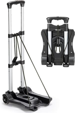 Small Folding Hand Truck Dolly with 2 Wheels, Foldable Luggage Cart, Lightweight Aluminum Collapsible Trolly Portable Dolly for Moving Airport Travel Use