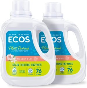 ECOS Laundry Detergent Liquid with Enzymes, 152 Loads – Plant-Powered Hypoallergenic Laundry Soap for Activewear, Pet Stains and Tough Odors – Magnolia Lily, 70 Fl Oz (Pack of 2)