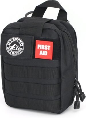 The Brazos First Aid Survival Kit, 250 Pieces, Hiking &#038; Camping Essentials, Survival Gear and First Aid Combo for Emergency Preparedness, Lightweight, Portable, Tactical Clips &#038; Closures, Black