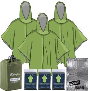 Lingito Rain Ponchos Family Pack – Emergency Drawstring Hood Poncho for Children & Adults Lightweight Reusable or Disposable