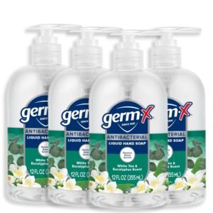 Germ-X Antibacterial Hand Soap, Moisturizing Liquid Hand Wash for Kitchen or Bathroom, pH Balanced & Dermatologist Tested, White Tea & Eucalyptus, 12 oz Pump Bottle (Pack of 4)