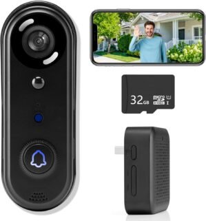 Doorbell Camera Wireless 1080P, No Monthly Fee, Video Doorbell with Chime, 32GB SD/Cloud Storage,Night Vision, Motion Detection,2 Way Audio, IP66 Weatherproof, Real Time Alert (J2)