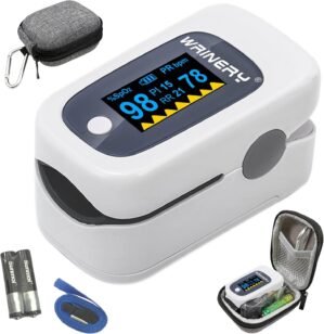 WRINERY Fingertip Pulse Oximeter, Oxygen Saturation Monitor, O2 Saturation Monitor, OLED Portable Oximetry with Batteries, Lanyard (Gray-White)