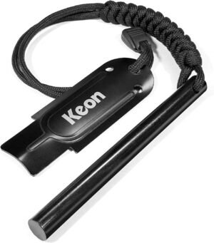 Keon Flint and Steel fire Starter kit, Ferro Rod fire Starter Survival Tool, 4.5″ x 3/8″ Camping fire Starter with Paracord Wrist Lanyard and Striker (Flint Lighter, Emergency fire Starters)