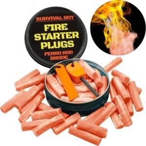 FIRE Starter Plugs (25 Pack) with Ferro Rod in Can | Weather Resistant Fire Starter Can Light 50+ Fires for Campfires, Fireplace, BBQ, Grill, Extra Long Burn Time | Perfect for Emergency Survival Kits