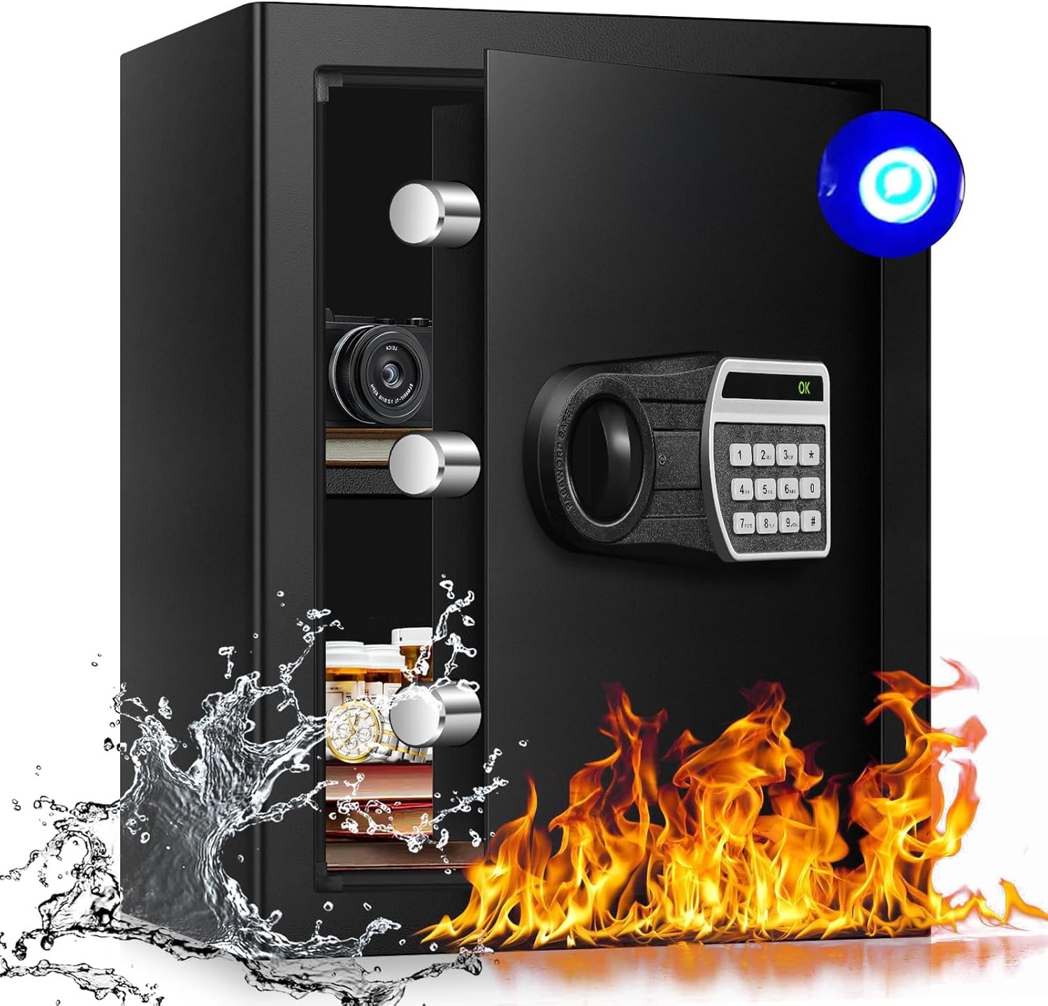 2.4 Cub Fireproof Safe Box for Home Documents Use, Home Safes Fireproof Waterproof with Digital Combination Lock, Fire Proof Safe with Removable Shelf, Sensor Light