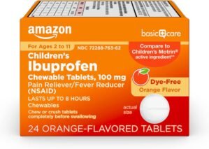 Amazon Basic Care Children’s Ibuprofen Chewable Tablets, 100 mg, Orange Flavor, Pain Reliever and Fever Reducer, For Minor Aches and Pains, Sore Throat, Headache Relief and More, 24 Count