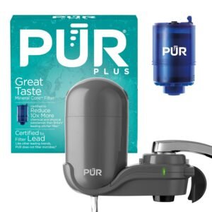 PUR PLUS Vertical Faucet Mount Water Filtration System with 3-in-1 Lead Reducing Filter for Great-Tasting Filtered Tap Water, Lasts 100 Gallons, Grey
