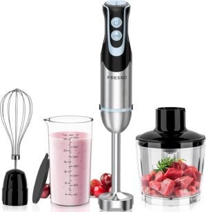 FRESKO Immersion Blender Handheld, 4-in-1 Stainless Steel Hand Stick Blender Electric with 12-Speeds & Turbo Mode, Powerful 500W Emulsion Blender with Beaker, Chopper & Whisk for Smoothies, Soup