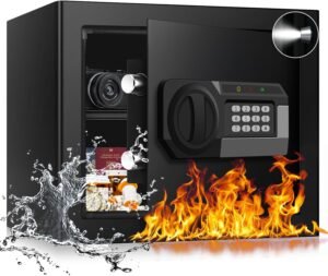 1.6 Cub Fire Proof Safe for Home Documents, Anti-Theft Digital Security Box with Electronic Keypad Lock and Spare Key, Small Safes for Home Use Fire and Water proof for Money Jewelry Valuables