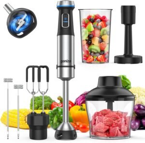Ganiza Immersion Blender, 6 in 1 Hand Blender Stainless Steel Blade, 15 Speed Stick Blender Electric, Immersion Blender Handheld with 800ml Mixing Beaker, 600ml Chopper, Whisk, Frother, Potato Masher