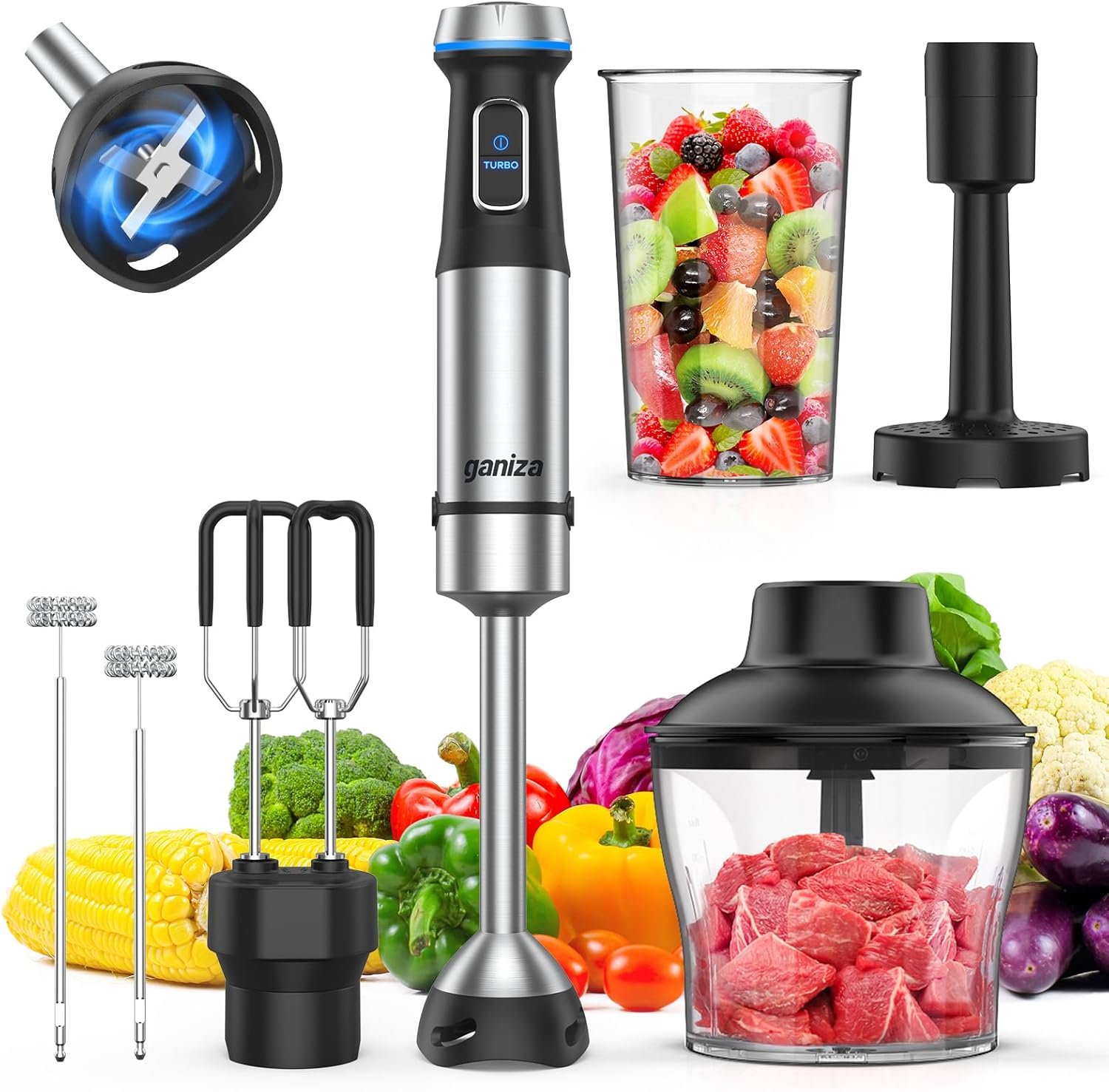 Ganiza Immersion Blender, 6 in 1 Hand Blender Stainless Steel Blade, 15 Speed Stick Blender Electric, Immersion Blender Handheld with 800ml Mixing Beaker, 600ml Chopper, Whisk, Frother, Potato Masher
