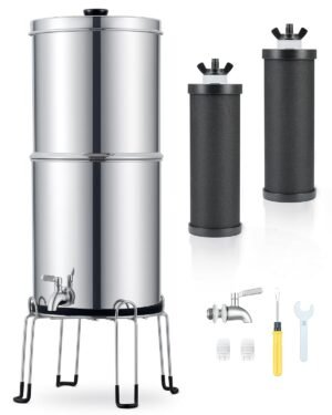 CO-Z Gravity Fed Water Filter System, Stainless Steel Gravity Water Purifier with 2 Carbon Filters, 2.25 Gal Countertop Water Filtration System, Chamber Stand & Water Spigot, NSF/ANSI 42 Certification