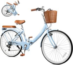 26Inch Foldable Beach Cruiser Bike for Women, Womens Folding Bike with Basket, 7 Speed Hybird Commute Bicycles with Cushion, V-Brakes, Quick Install for Adults, Womens