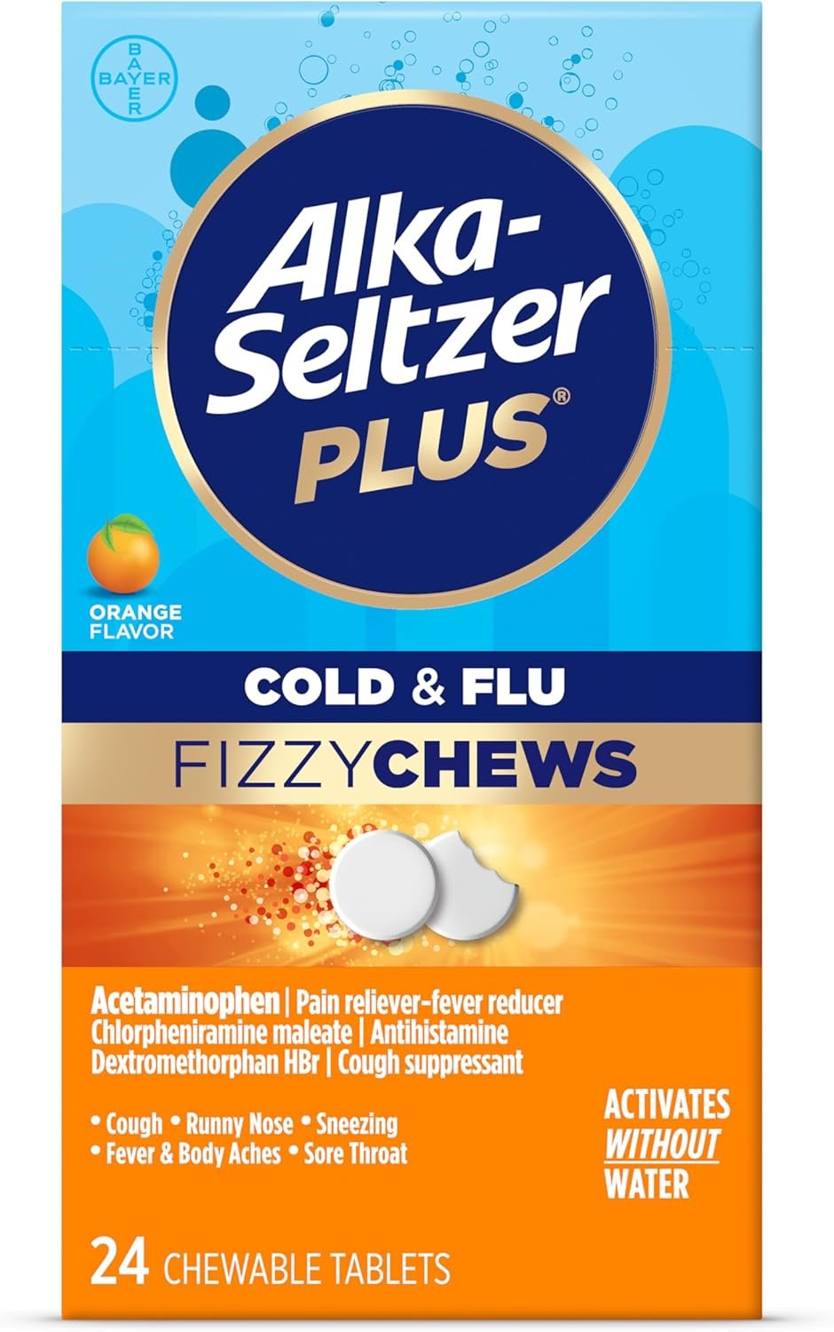 Alka-seltzer Plus Cold & Flu FizzyChews, No Water Needed, On The Go Cold Medicine for Adults, Orange Flavor, 24 Count