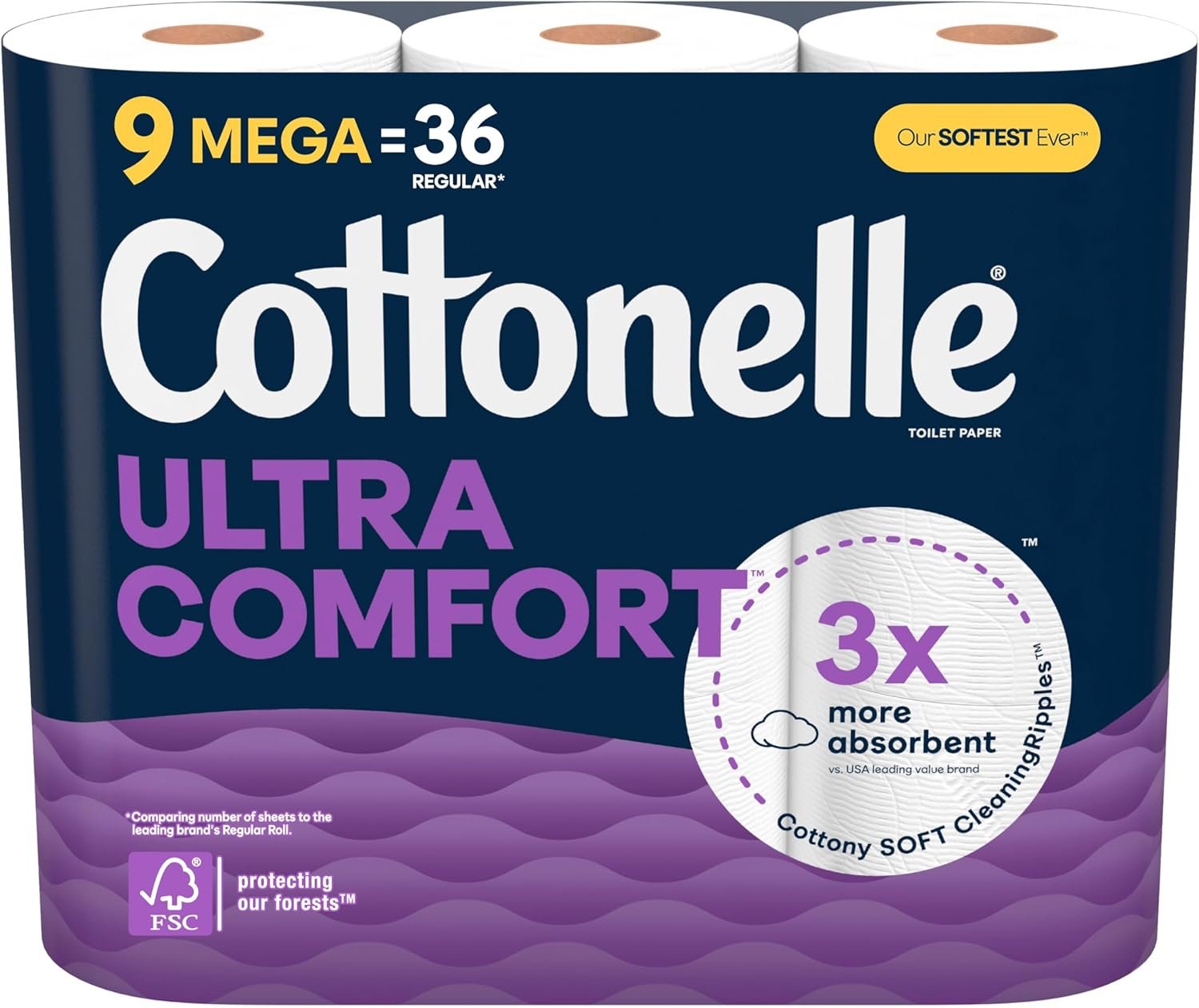 Cottonelle Ultra Comfort Toilet Paper, 9 Mega Rolls (9 Mega Rolls = 36 Regular Rolls), 244 Sheets per Roll, Packaging May Vary