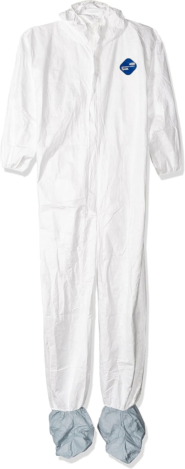 DuPont unisex-adult TY122S Disposable Elastic Wrist, Bootie & Hood White Tyvek Coverall Suit 1414, Large