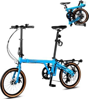 16” Folding Bike, Foldable City Bicycle with 7 Speed, Outdoor Beach Cruiser Bike for Adult,Adjustable Seat,Portable Compact Bicycle Urban Commuter Lightweight Bike for Women Men