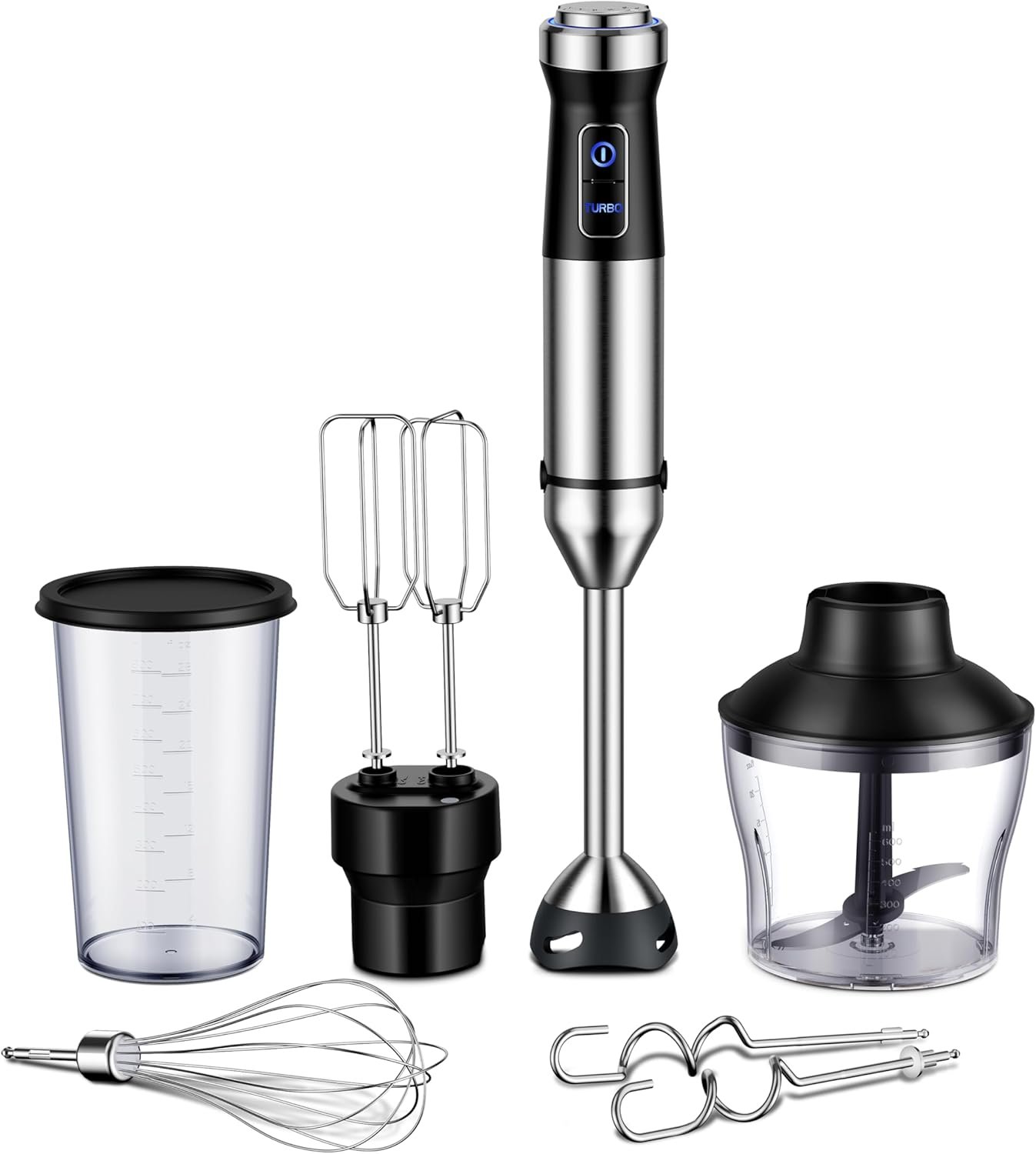 GDOR 1000W 6-in-1 Immersion Blender Handheld, Stainless Steel Scratch Resistant Hand Blender with 20 Speeds, Hand Mixer with Whisk, Chopper, Beaker, Egg Beaters and Dough Hooks, Black
