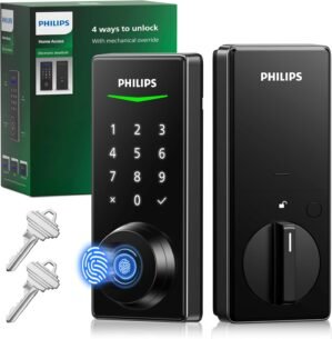 Philips Keyless Entry Door Lock, Fingerprint Electronic Door Lock with Touchscreen, Long-Lasting Battery, Auto-Lock, One-Time Code, Keypad Deadbolt, One-Touch Locking, Matte Black