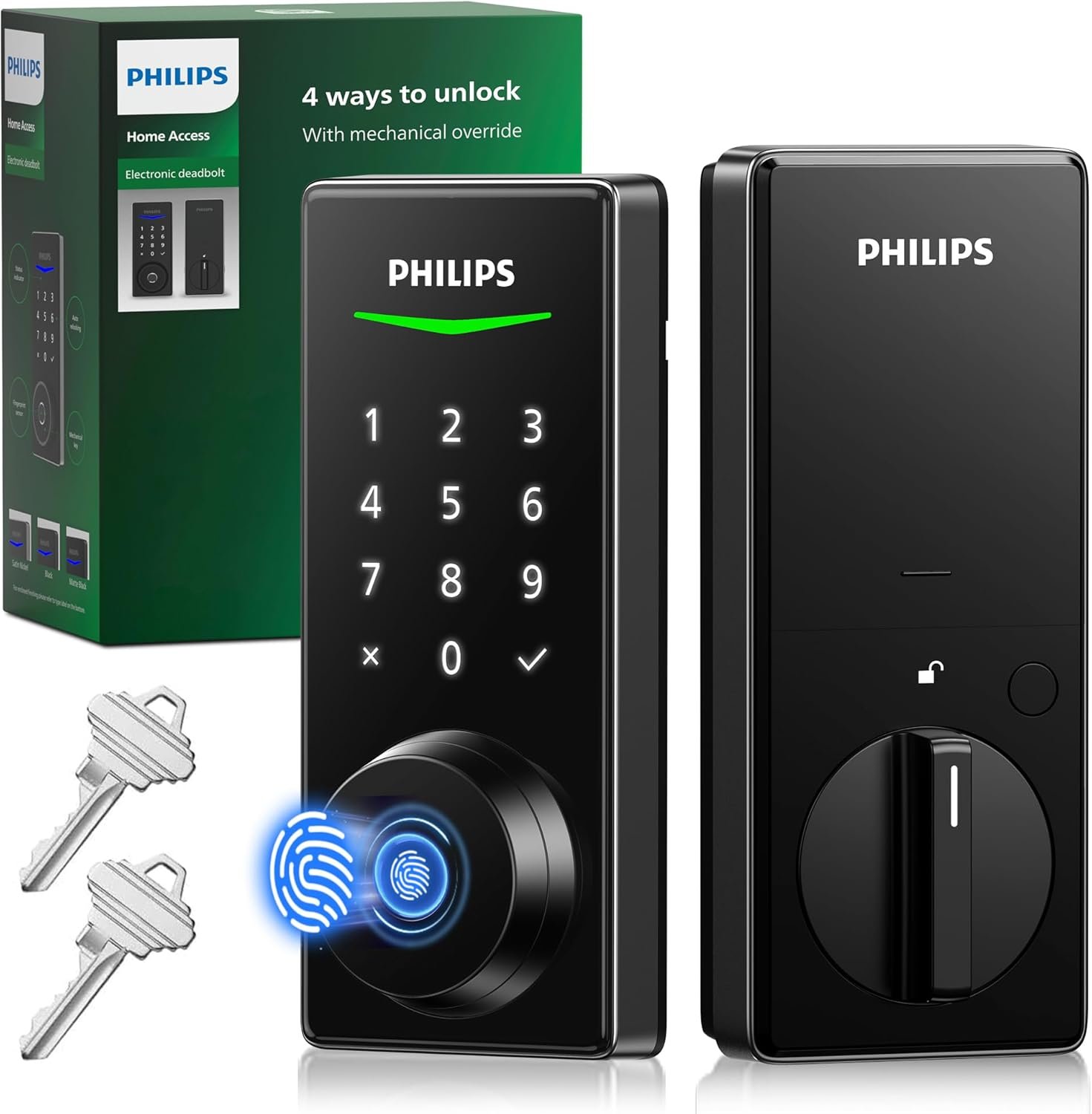 Philips Keyless Entry Door Lock, Fingerprint Electronic Door Lock with Touchscreen, Long-Lasting Battery, Auto-Lock, One-Time Code, Keypad Deadbolt, One-Touch Locking, Matte Black