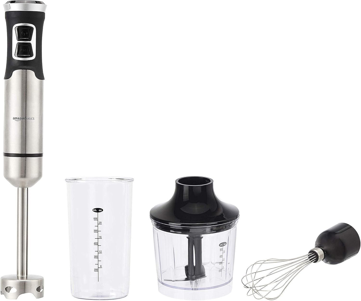 Amazon Basics 500W 4-In-1 Immersion Blender Handheld, Emulsion Blender With Blending Stick, Whisk, Chopper and Beaker, Continuous Speed Control And Turbo Mode, 5-ft Power Cord, Silver