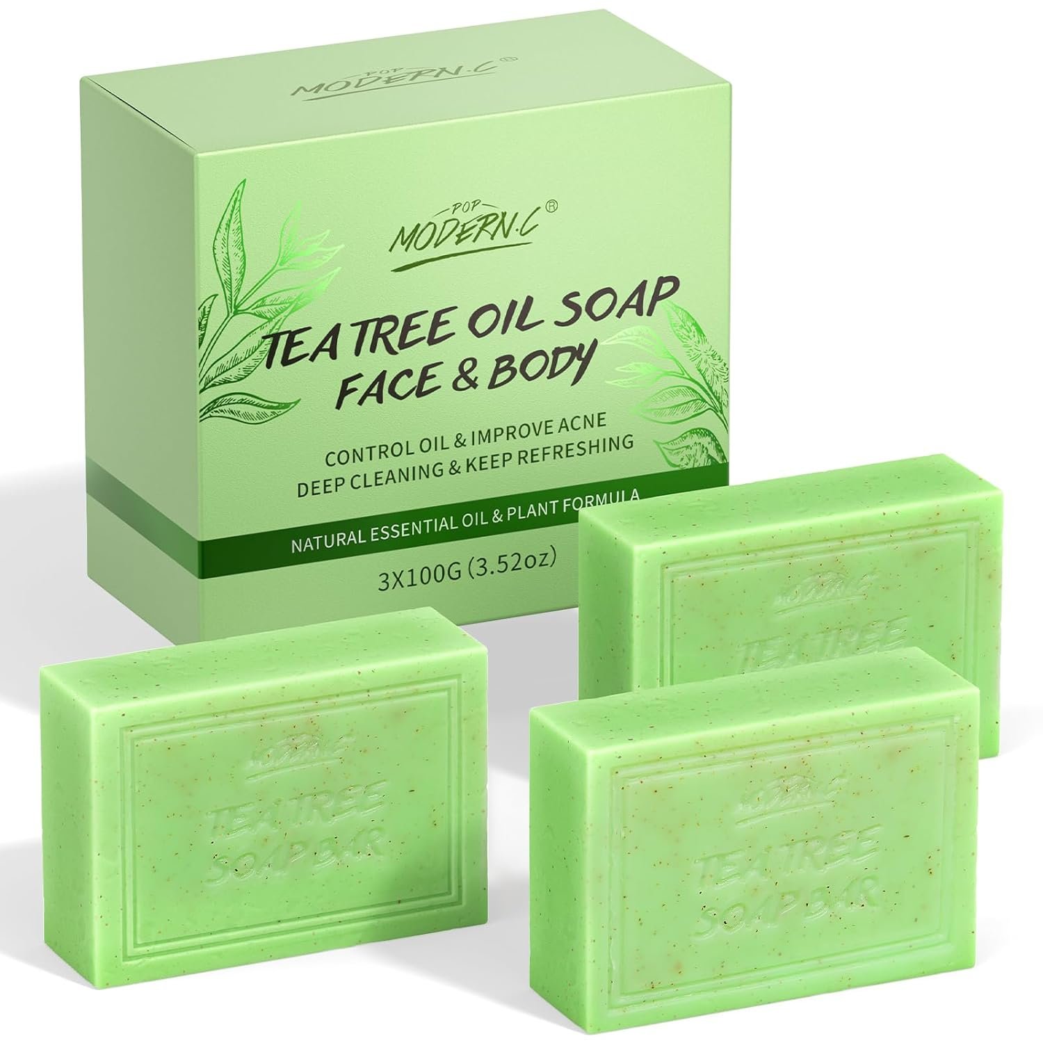 POP MODERN.C Tea Tree Soap Bar for Face & Body Wash Tea Tree Oil Bath Soaps for Athlete's Foot Body Odor Acne Deep Clean Men Women All Skin Types with Mesh Soap Bag 3x100G