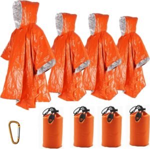 Emergency Blanket Poncho, 4 Pack Ultralight Waterproof Thermal Survival Space Blanket Ponchos with Hood for Camping Hiking Outdoor