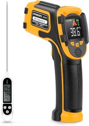 Infrared Thermometer Non-Contact Digital Laser Temperature Gun -58℉～1112℉(-50℃～600℃) Adjustable Emissivity IR Temp Gun – for Cooking, BBQ, Food, Fridge, Pizza Oven, Engine – Meat Thermometer Included