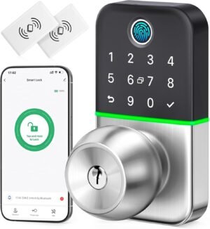 Keypad Smart Door Lock with Knob: Kucacci Keyless Entry Door Lock for Front Door – Keypad Door Lock with Handle – Fingerprint Code Door Knob – Door Lock with Code – Auto Lock, Silver