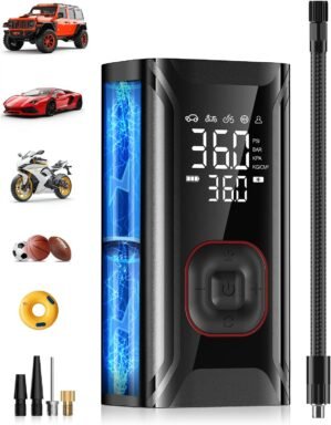 Tire Inflator Portable Air Compressor, Mini Air Pump for Car Tires, Electric Bike Tire Pump with Digital Pressure Gauge, Battery Powered Cordless Tire Inflator for Motorcycle Auto Ball Bicycle