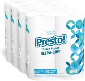 Amazon Brand – Presto! 2-Ply Ultra-Soft Toilet Paper, 24 Family Mega Rolls = 120 regular rolls, 6 Count (Pack of 4), Unscented