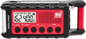 Midland – ER310, Emergency Crank Weather AM/FM Radio – Multiple Power Sources, SOS Emergency Flashlight, Ultrasonic Dog Whistle, & NOAA Weather Scan + Alert (Red/Black)