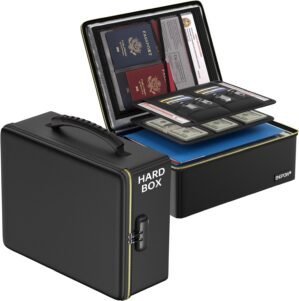 ENGPOW Fireproof Document Box,Hard Fireproof Box with Fireproof Zipper＆Lock,6400°F Multi-Layer Heat Insulated Fireproof Water Resistant File Organizer Storage Box Safe for Home Office Travel, Black