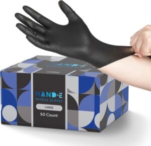 Hand-E Touch Black Nitrile Disposable Gloves Large, 50 Count – BBQ, Tattoo, Hair Dye, Cooking, Mechanic Gloves – Powder and Latex Free