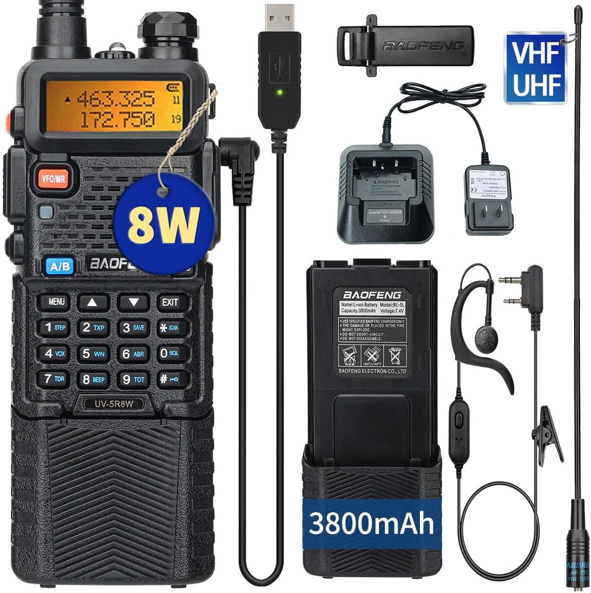 BAOFENG UV-5R 8W Ham Radio Long Range UV5R Walkie Talkies Dual Band 3800mAh High Power Rechargeable Handheld Two Way Radio with Earpiece Full Kit(Black-1Pack)