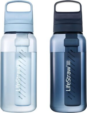 LifeStraw Go Series – BPA-Free Water Filter Bottle for Travel and Everyday use removes Bacteria, parasites and microplastics, Improves Taste, 1L 2-Pack; Icelandic Blue and Aegean Sea