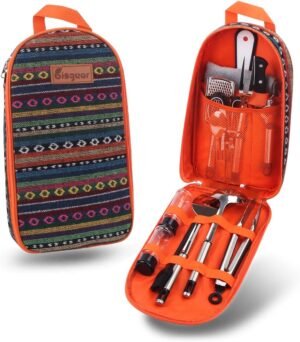 Bisgear Backpacking Camping Cookware Camp Kitchen Utensil BBQ Organizer Travel Mess Kit with Water Resistant Case, Cutting Board, Rice Paddle, Tongs, Scissors, Knife, Spork