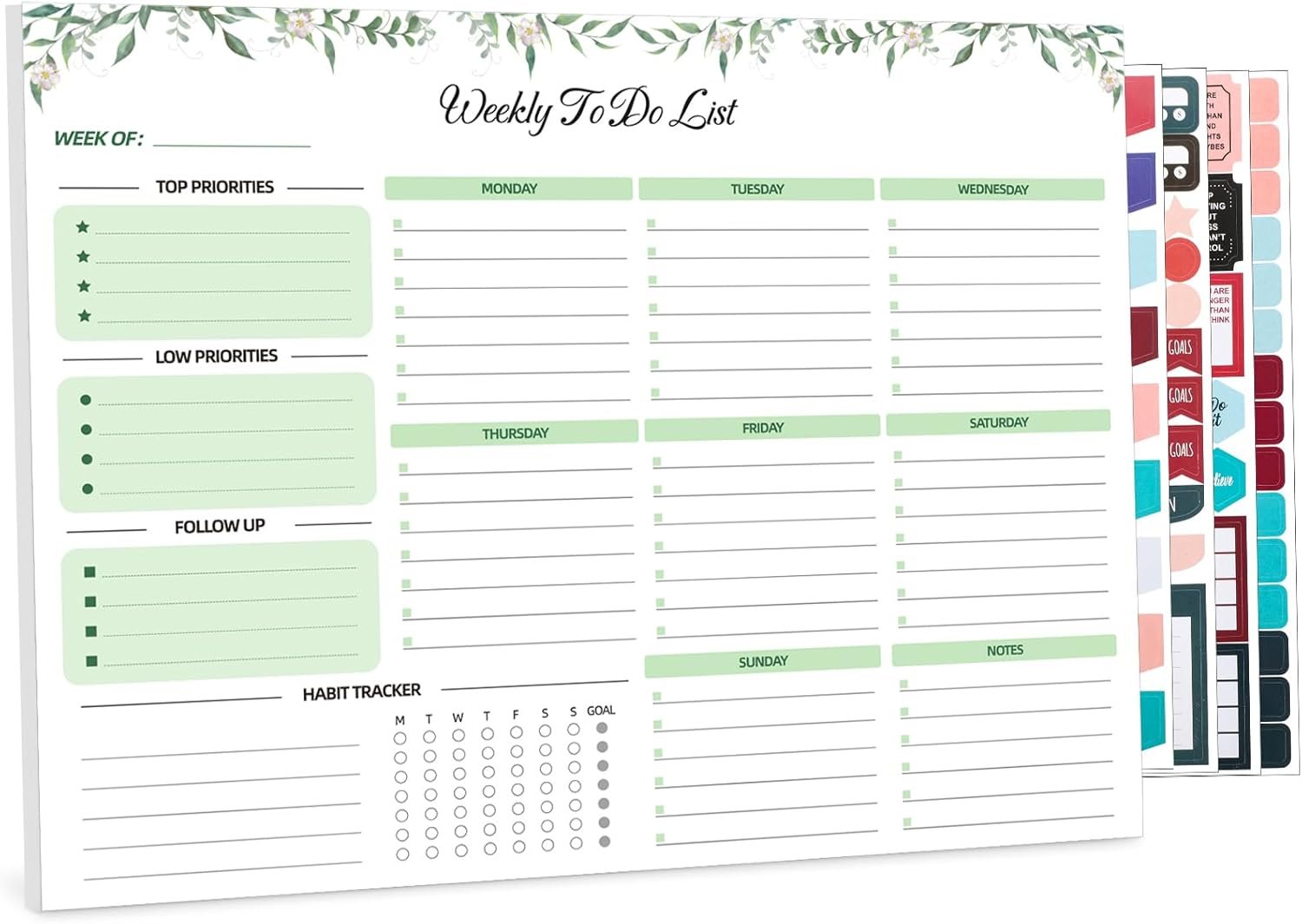 Weekly To Do List Notepad, 8.5''x11'' Weekly Desk Planner with 52 Tear Off Sheets Undated Weekly Planner Habit Tracker & Productivity Organizer for Home School and Work, Green Leaf