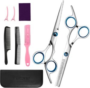 Futone Hair Cutting Scissors Shears Set, Hairdressing Scissors Kit, Hair Trimming Scissors, Texturing Thinning Shears with Grooming Comb, Hair Thinning Comb, For Barber Salon Home Shears Kit (8 PCS)