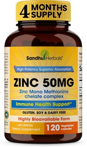 Zinc 50mg Supplement 120 Vegetarian Capsules | Highly Absorbable Form for Immune Support | Zink 50 mg Supplements for Men and Women
