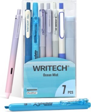 WRITECH Gel Pens Journaling Highlighters: Journal Set Aesthetic Assorted Pastel Color Ink 0.5mm Fine Point Retractable 0.7mm Black Pen Smooth Writing Drawing No Bleed 7ct (Blue)