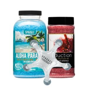 Spazazz Spa and Bath Salt Aromatherapy Crystals for Hot Tub – Gift Bundle Set The Mood Love Potion #9 Seduction 17oz – Destinations Hawaii Aloha Paradise 22oz with 5 Point Full Body Massage Tool