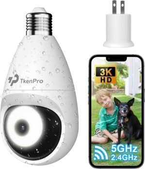 3K Light Bulb Security Cameras Wireless Outdoor, IP65 Waterproof Cameras for Home Security with 2.4G&5G Connection, Full-Color Night Vision and 360° Motion Detection, 5MP Security Camera Outdoor