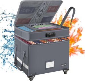 DocSafe Fireproof Document Box with Lock,2-Layer File Box with Wheels,Collapsible File Storage Organizer with Pockets,Large Portable Office Filing Cabinet for Hanging Folders,Gray,16”x13.8”x12.2”