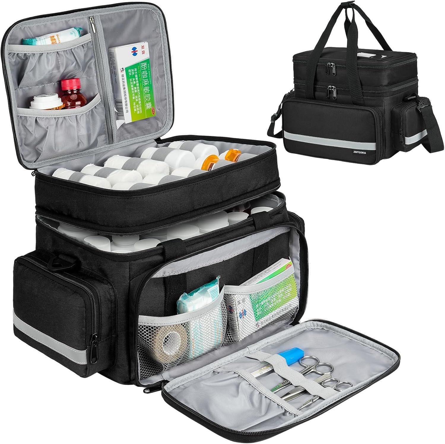 Pill Bottle Organizer, Double Layers Medicine Storage Bag with Lockable Zippers and Shoulder Strap,Medication Travel Bag for Prescription Bottles, Vitamins & Medical Supplies, Black (Bag Only)